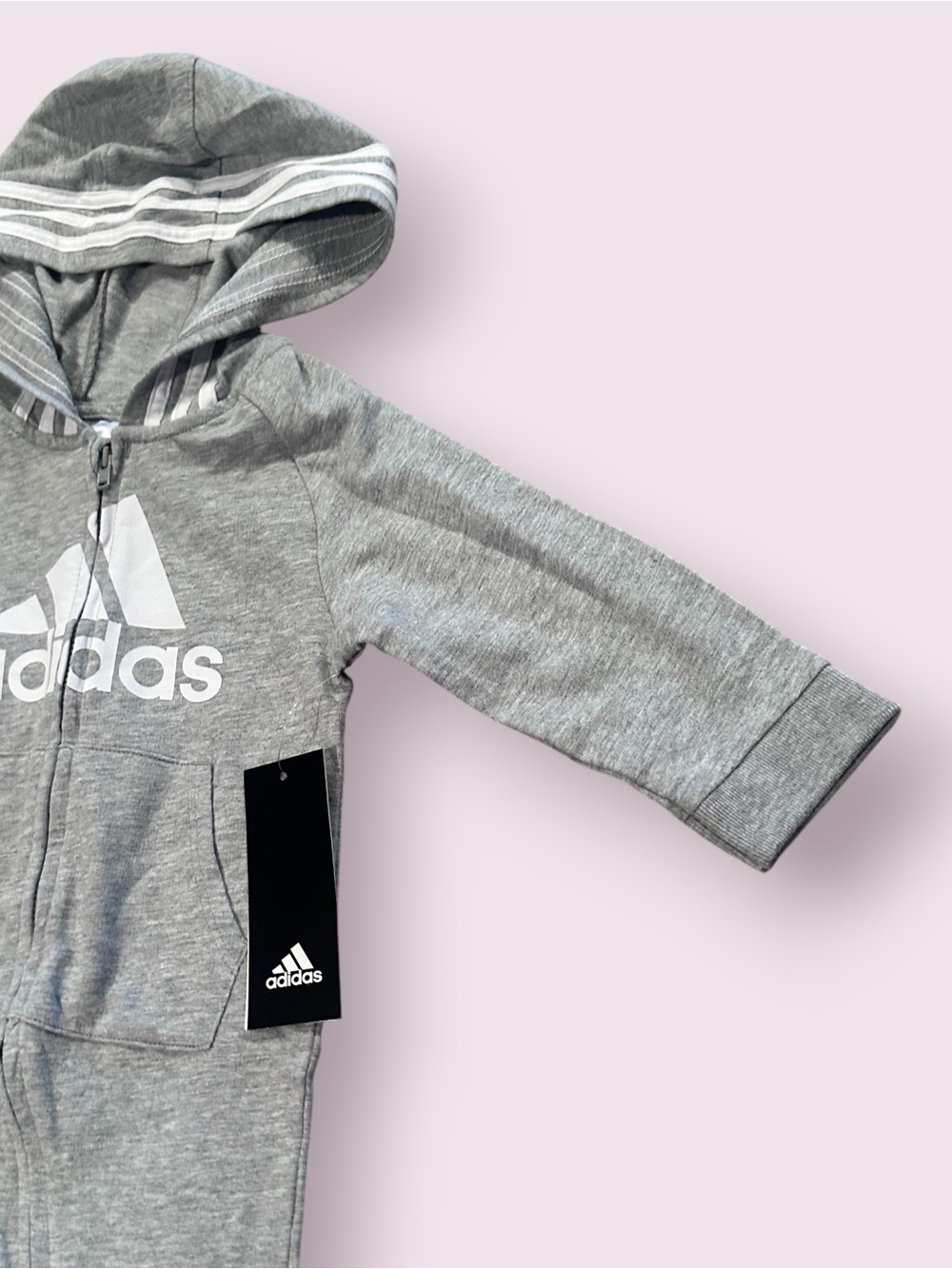 NWT adidas Zip Front Grey Hooded Baby One-Piece Romper Size 9 Months - Picture 3 of 10